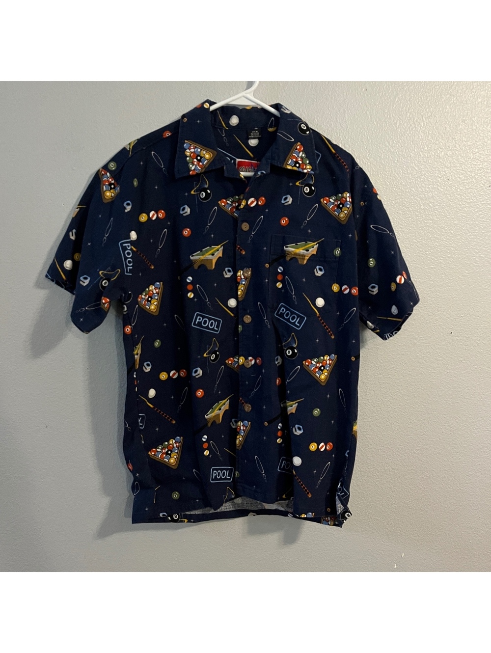 D’EMCRAZY Pool Billiards Shirt Mens M All Over Print 55 Cotton 45 Rayon